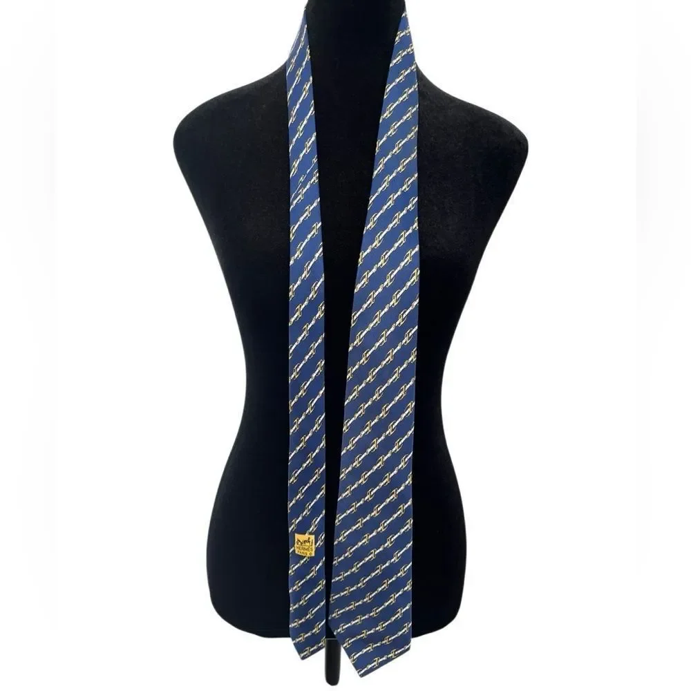 Hermes Men's Tie Equestrian Horsebit Bridle Navy Silk 952 IA 3.5